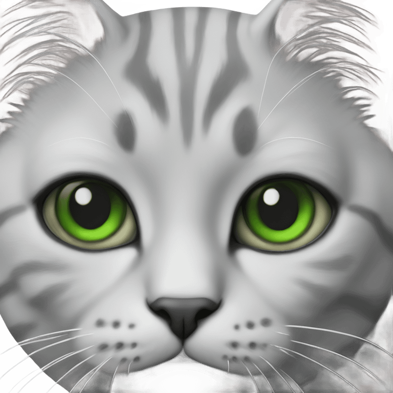 a realistic cat light grey with line grey with green eye, emoji