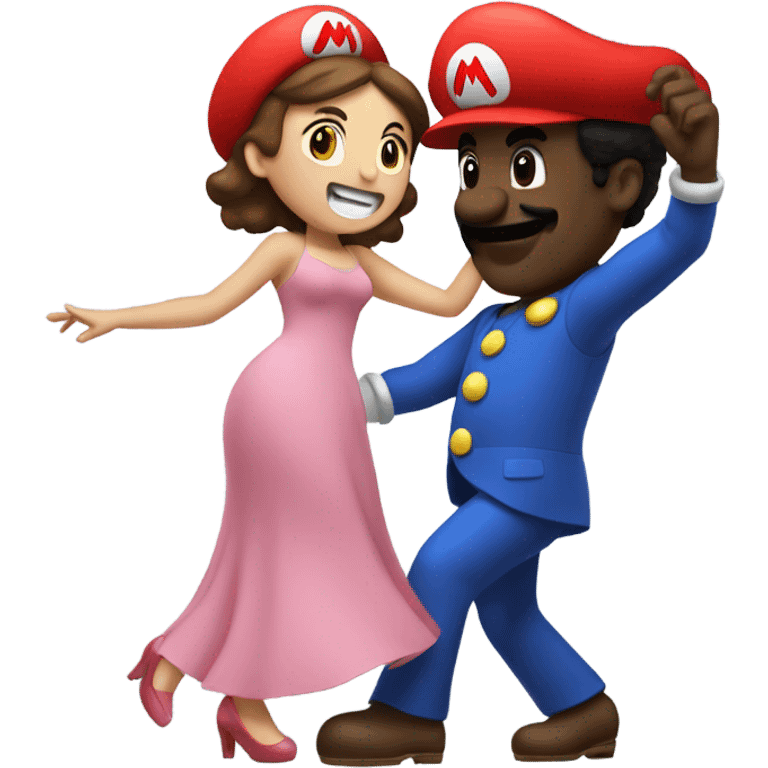 Black man with giant Mario costume head dancing with brunette girl emoji