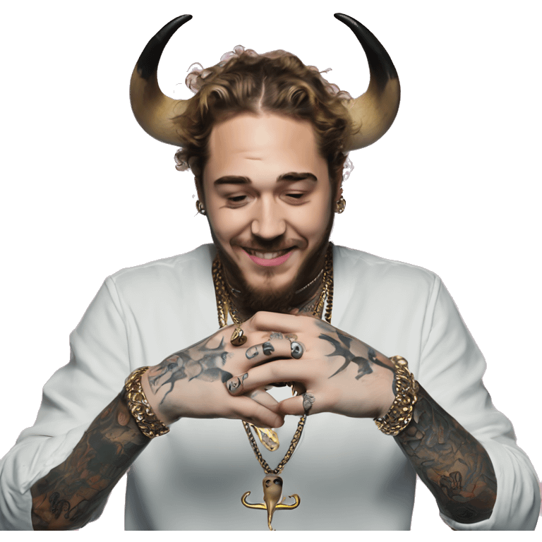 Post Malone (full body), his hands create he cow skull sybol, hand and face has tatoo emoji