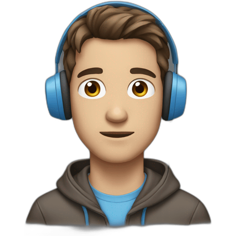 male, brown hair, brown eyes, headphones, blue hoodie, straight face emoji