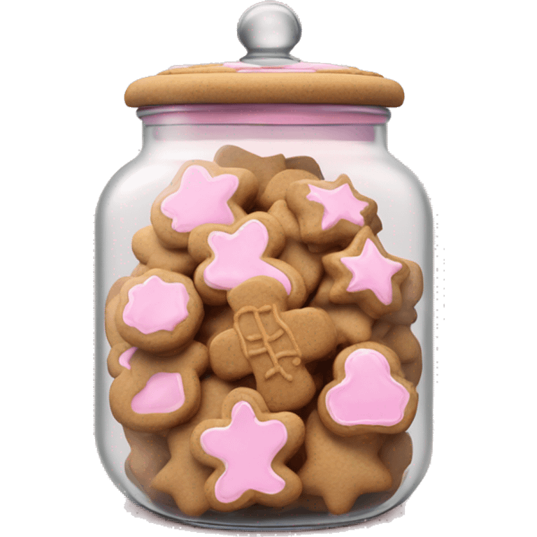 Realistic glass cookie jar with light pink lid full of gingerbread cookies isolated.  emoji