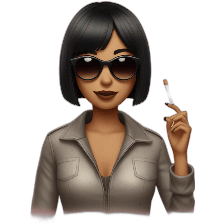 girl with black bob hair with bangs and sunglasses who is holding a cigarette emoji