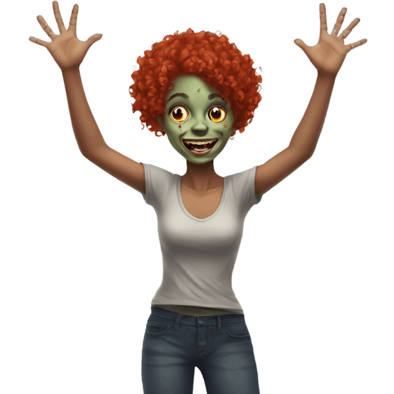 Happy zombie girl red curly hair with both hands in the air emoji