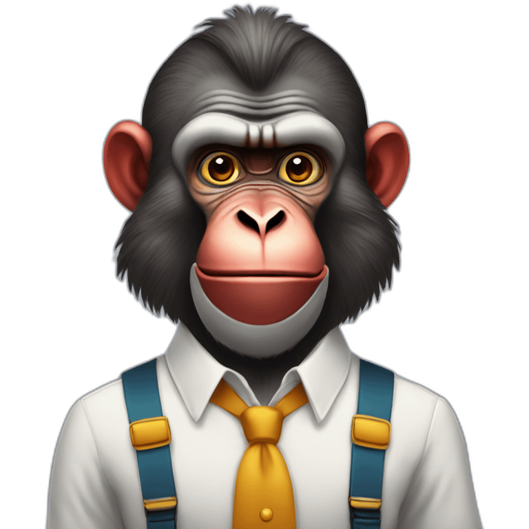 Funny Mandrill with a human look bold with beard wears a shirt and Suspenders in the shirt neck a butterfly like a clown emoji