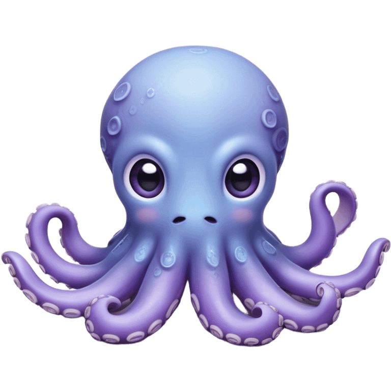 Cinematic Cute Shy Baby Octopus Portrait Emoji, Tentacles tucked slightly inward in an adorably bashful pose, featuring a softly glowing, round light blue-purple body with enormous, soulful eyes peering out timidly, Simplified yet irresistibly adorable features, highly detailed, glowing with a delicate, soothing marine radiance, high shine, quiet yet expressive, stylized with an air of gentle mystery, soft glowing outline, capturing the essence of a tiny, shy deep-sea creature that seems as if it could slowly peek out and explore the world with cautious curiosity! emoji