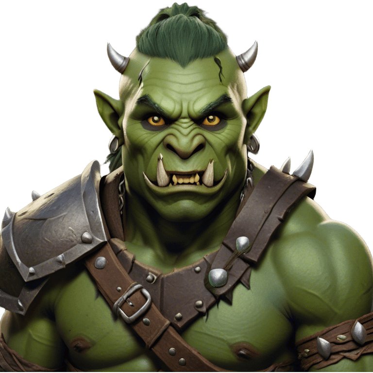 Cinematic Realistic WoW Orc Warrior Portrait, head tilted dramatically with an exaggeratedly amused expression, blending raw, primal might with a touch of unexpected humor. His battle-scarred green skin, robust muscles, and intricately detailed tribal armor in deep, earthy tones are rendered with lifelike texture and dynamic lighting, high shine, dramatic yet whimsical, capturing an orc warrior whose epic strength is matched by a playful, irreverent charm. emoji