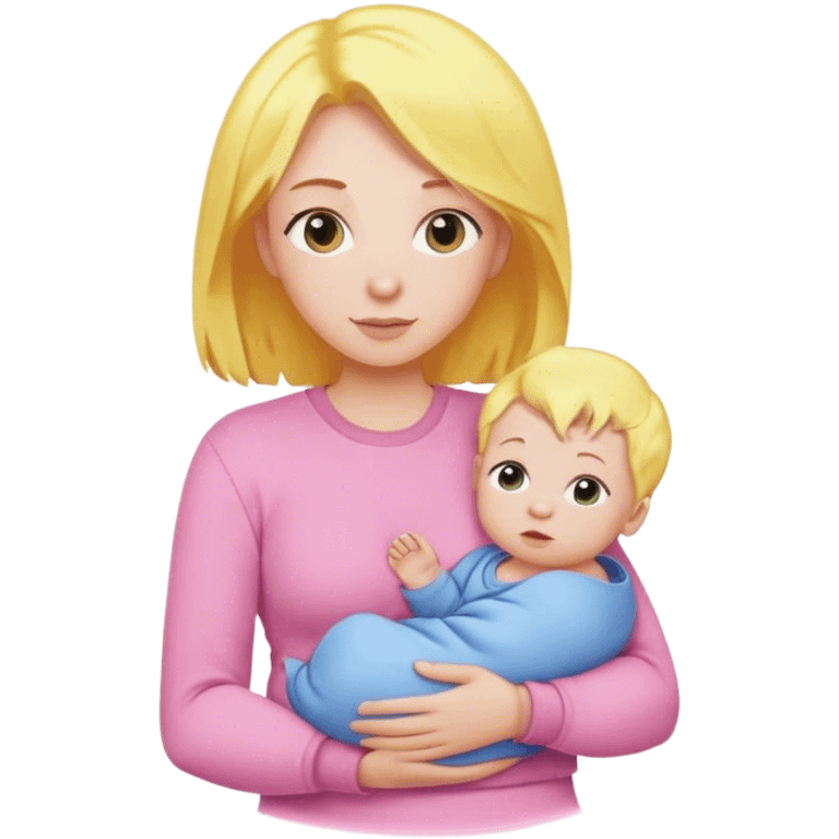 Mother with yellow hair and pink clothes, holding baby in blue clothes emoji