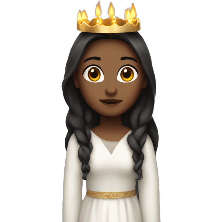 lucia with candles in her lucia crown with dark long hair and a white long sleeved gown emoji