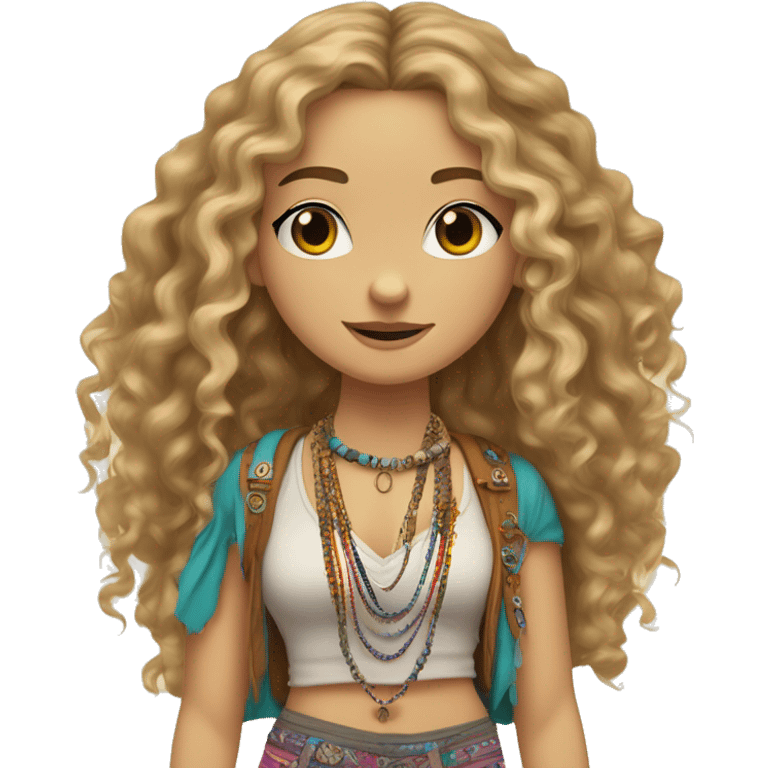 Caucasian hippie girl with curly dirty blonde hair, hazel eyes, baggy colorful pants and a tank top, LOTS OF bohemian bracelets and jewelry emoji