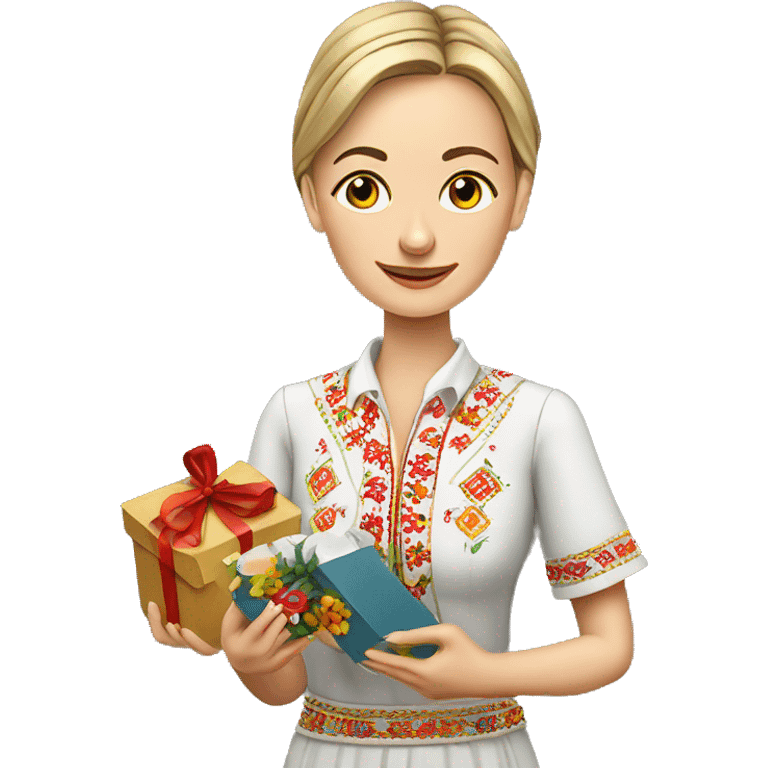 A female teacher in Ukrainian embroidery holds a gift in her hand emoji