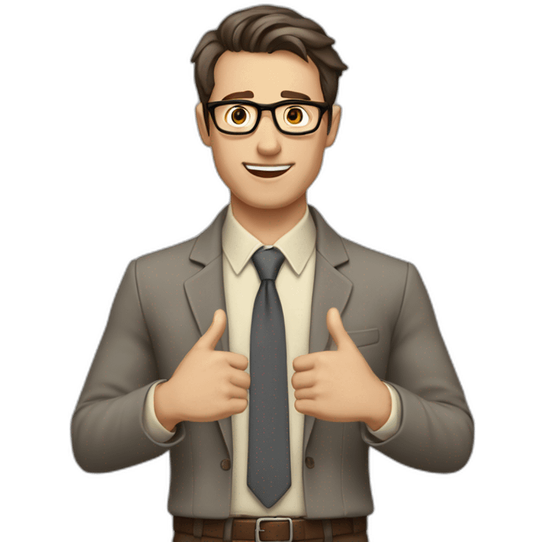 To belt Actively gesturing with hands Pale skinned fit man with dark brown hair in gray jacket, beige office shirt, brown tie, brown pants and vintage glasses. emoji