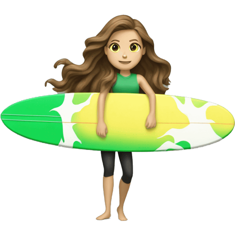 brown hair white girl surfing wave green yellow surf board emoji