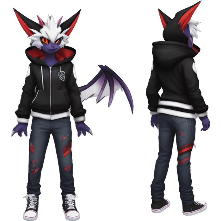 Cool Anthro Black Noivern-Absol-Litten-Pokémon with edgy stripes hoodie spiked collar punk Full Body emoji