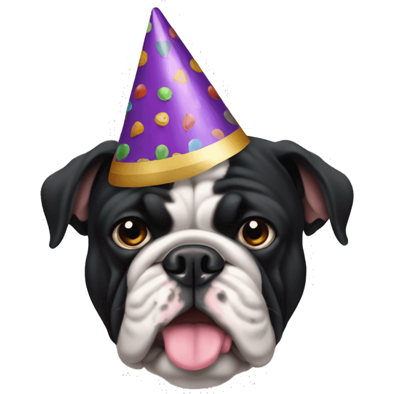 All Black bulldog with a party hat emoji