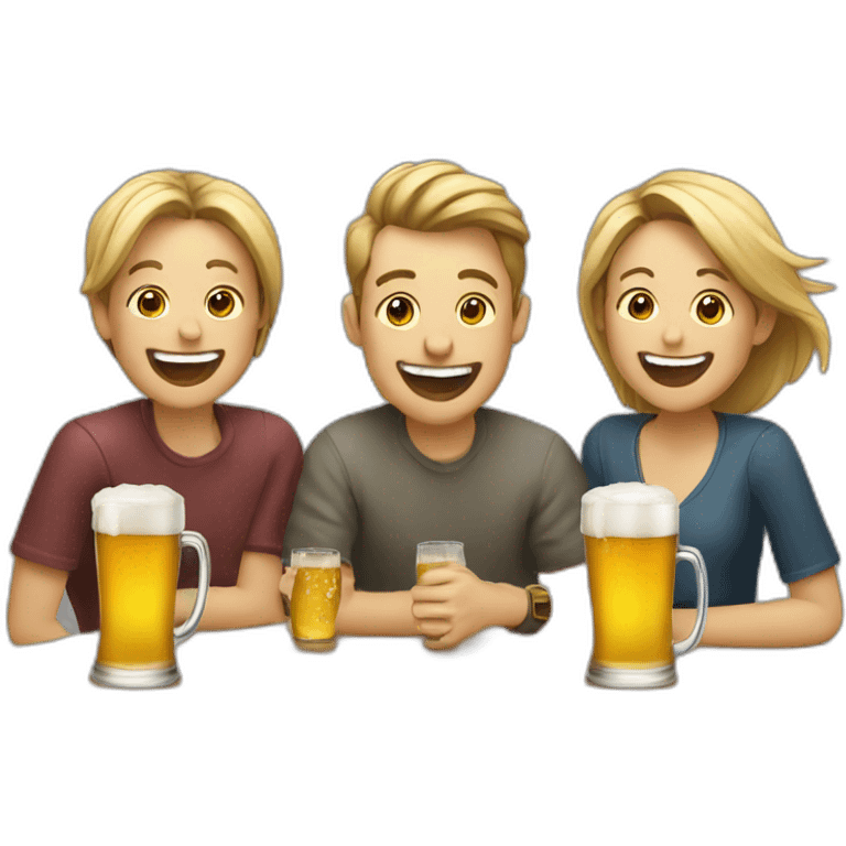 3 people laughing around a table with 3 beers on it . No yellow people emoji