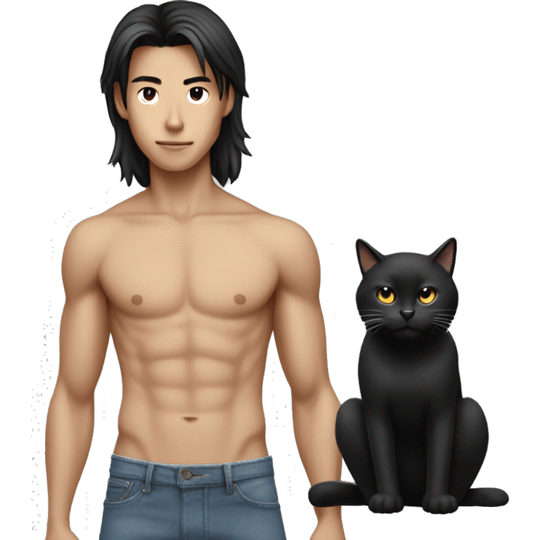 Skinny Model Long hair Asian man with abs holding black cat emoji