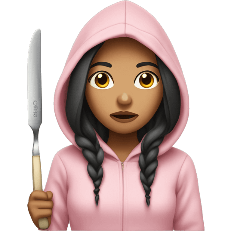 Girl with long dark hair in a light pink hoodie with a serious face holding a butter knife emoji