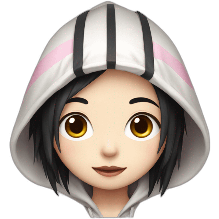 Japanese boy, with cute black hair and with a bone hairclip wearing a white hoodie with pink stripes emoji