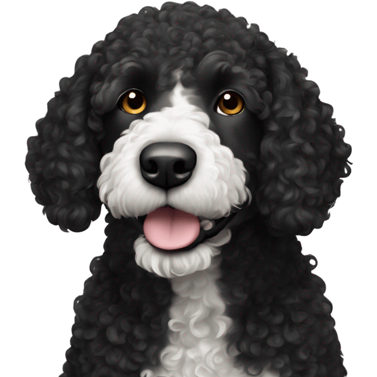 Spanish curly water dog black with white little spot only on its chest emoji