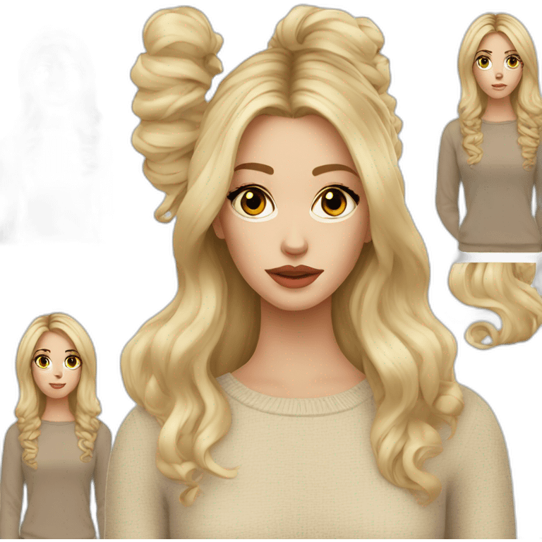 White women, long blonde balayage hair, dead eyes, beige sweater emoji