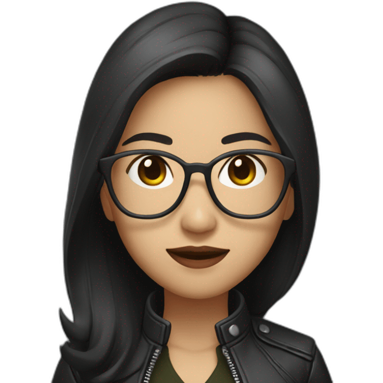 asian woman with glasses and a leather jacket with a shirt and long dark hair emoji