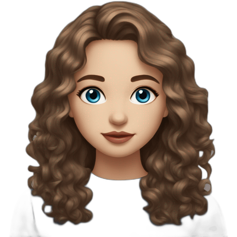 beautiful girl, blue eyes, shoulder length medium brown wavy hair, small rosy lips emoji