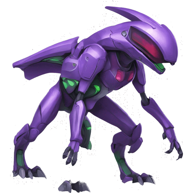 a purple-green Genesect-Raptor-Fakémon—hybrid with a futuristic visor-helmet full body emoji