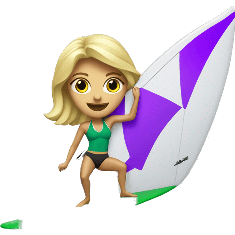 windsurf blonde woman on green surfboard with purple and white sail emoji