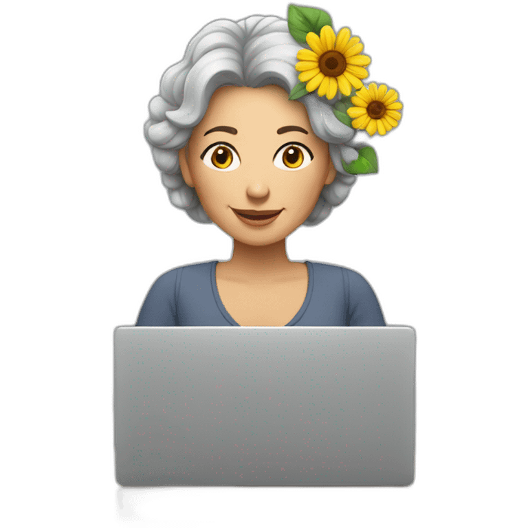 Middle aged woman with flowers in hair sitting with grey laptop emoji