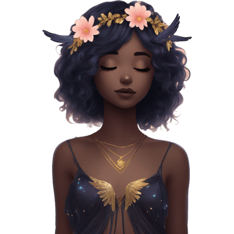 Black Raven wings bohemian girl Ethereal galaxy constellation girl angel raven wings black wings, gold arrow, nebula, flower crown, fairy lights, iridescent emoji