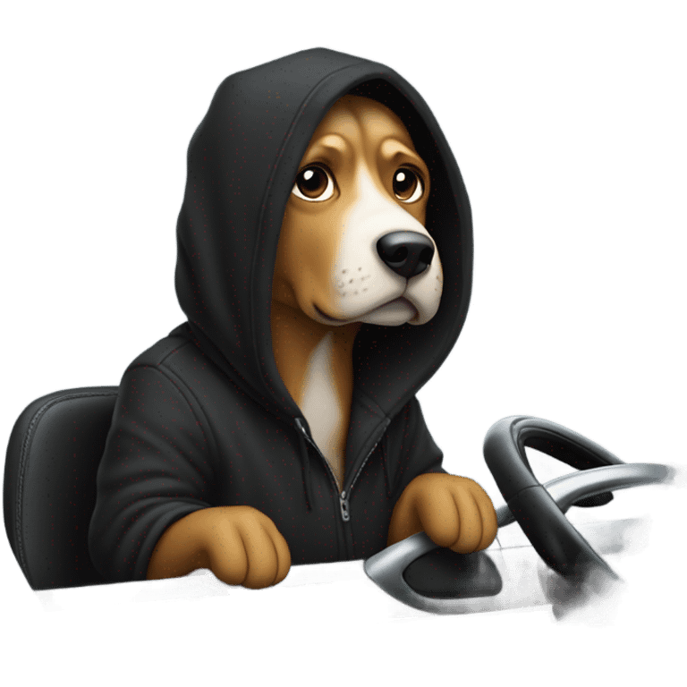 Person wearing black hoodie with dog on it draving a car  emoji