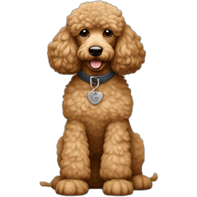 Light brown poodle seated and wearing a t-shirt of Eddie Vedder face printed emoji