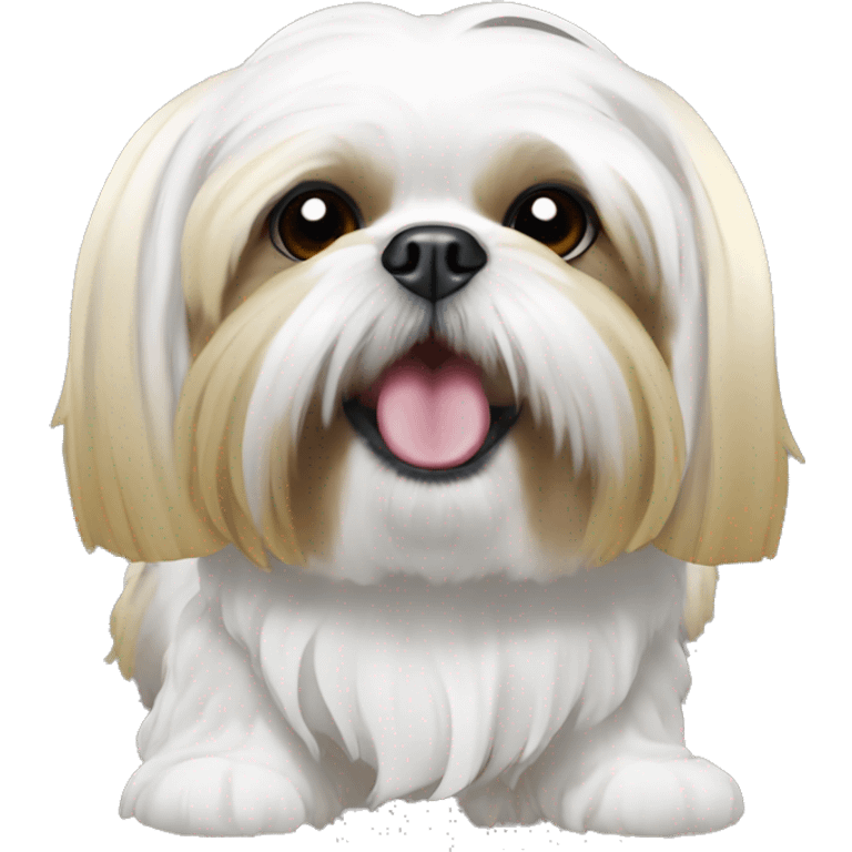 Shih tzu with gold and white hair with a tooth piping out of its mouth  emoji