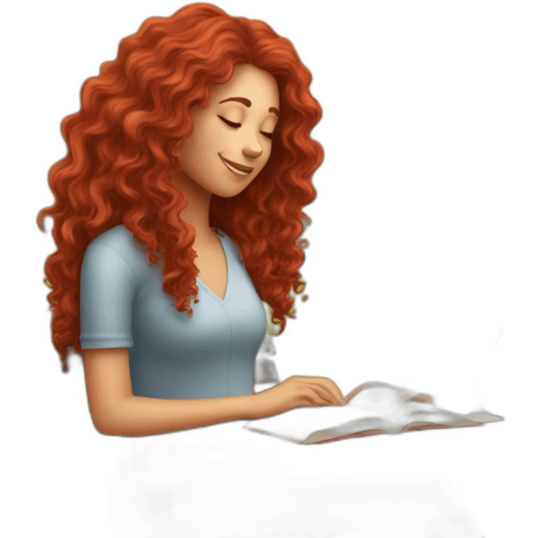 woman with long curly red hair reading a book with a glass of wine in a park emoji