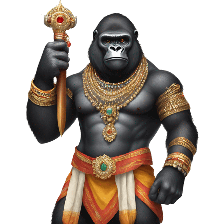 male gorilla with indian male jewellery and  indian traditional wear, holding a  huge weapon, humanoid, holding another  huge weapon  emoji