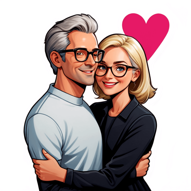 Hyper Realistic Couple in love,  lady blonde wearing glasses man grey hair clean shaven
 emoji