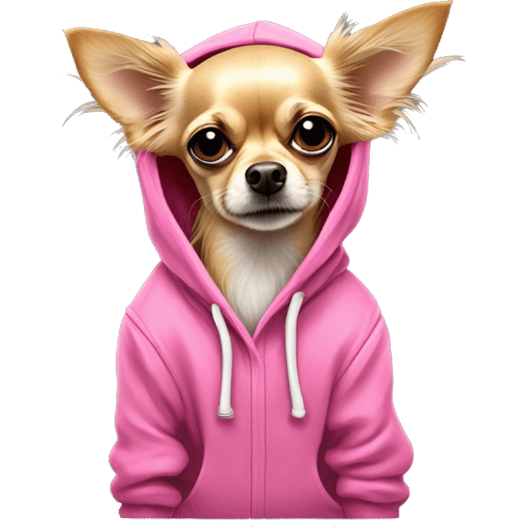 homeless dirty long haired blonde chihuahua in a huge pink hoodie emoji