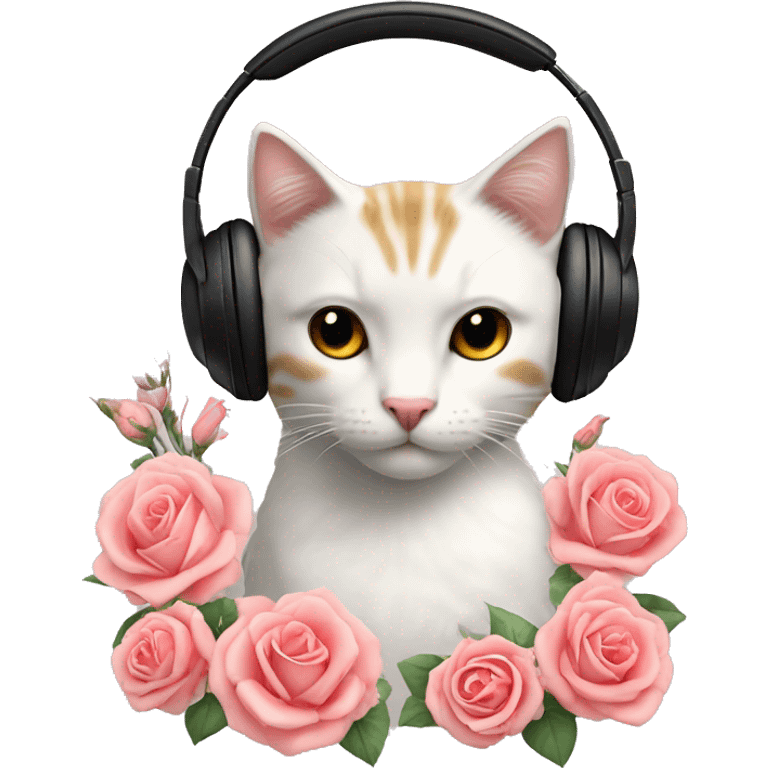 Ramo de flores rosas y junto a un gato con auriculares emoji