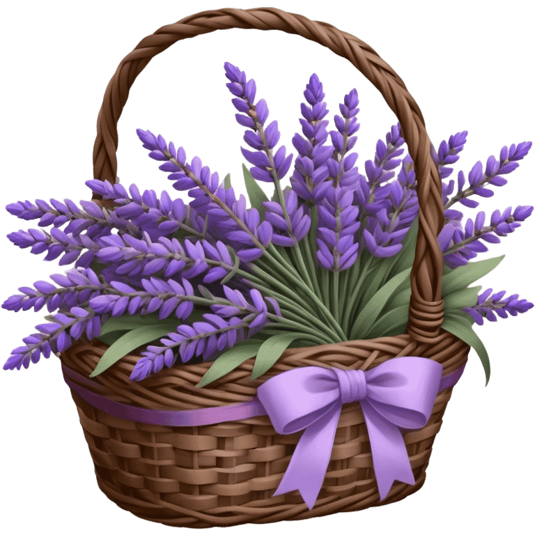 A carefully arranged lavender bouquet, interwoven with hints of muted wisteria and smoky violet, rests inside a vintage wicker basket, its stems spilling over in a cascade of soft, fragrant beauty. A loosely draped silk ribbon in shades of lavender and aubergine weaves through the handle, catching the light as it gently sways in the breeze.
 emoji