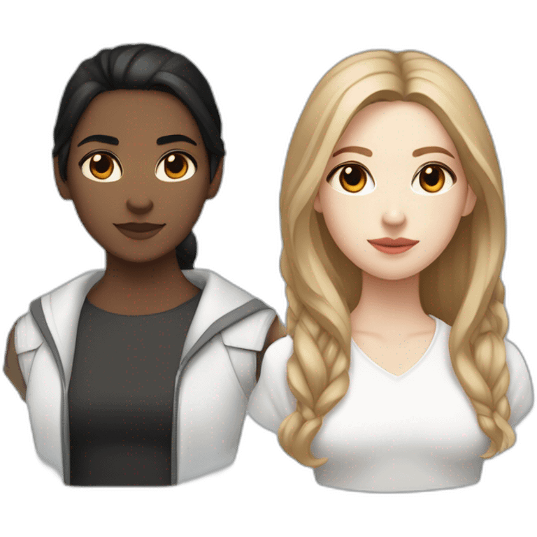 white skin girl with dark eyes and light brown long hair dressed in white with white girl with middle length black hair blue eyes very androgynous dressed in red emoji