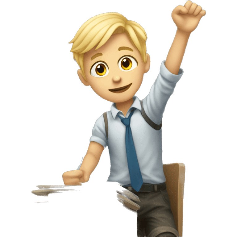 blonde boy is sitting at school desk, hand is raised emoji