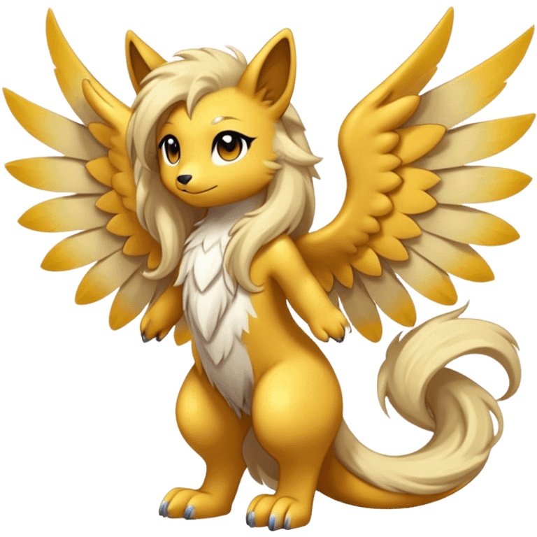 Anthro Sona Cool Cute Adorable Colorful Shy Winged Shiny Fakemon-Fantasy-Creature With Long Hair-Mane Full Body emoji