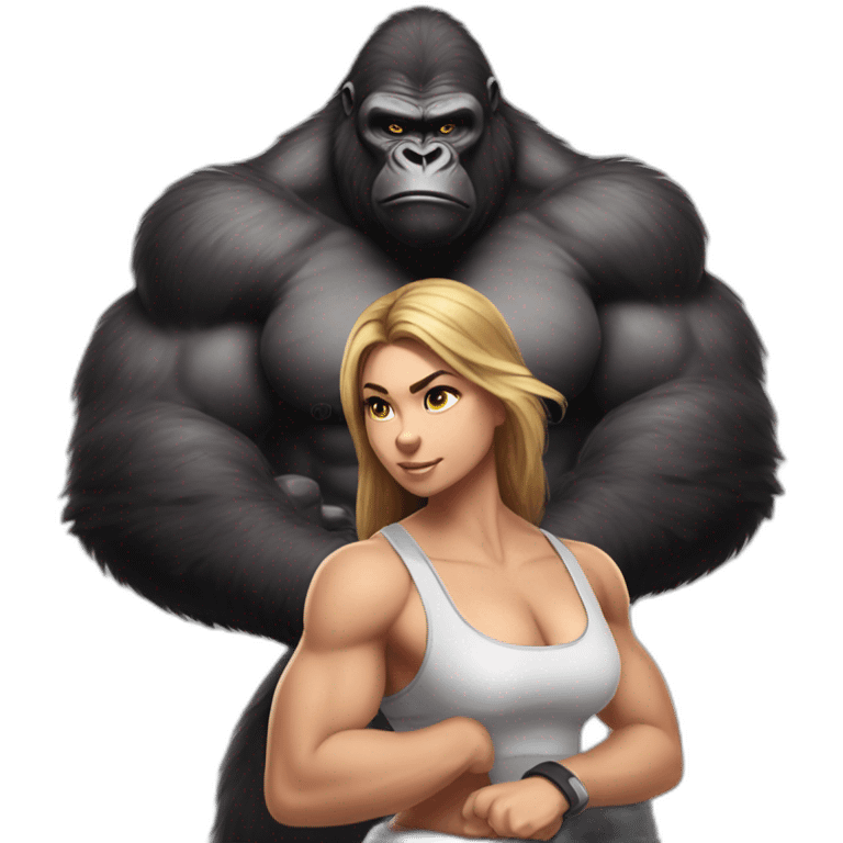 Big buff Gorilla holding a beautiful girl with a big back doing squats emoji