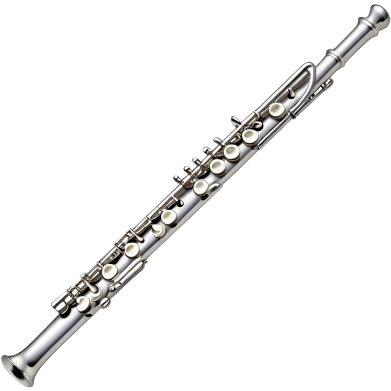 Create an elegant and refined emoji representing a classical silver flute. The design should showcase the sleek, polished silver body of the flute with its keywork and tone holes clearly visible. Highlight the smooth, straight shape of the instrument with subtle light reflections on its metal surface. The keys should be delicately detailed, with their small, round pads visible. Add a slight shine to the flute’s surface to reflect its high-quality craftsmanship. Optionally, include subtle musical notes floating around the flute to evoke its light, melodic sound. The background should be transparent. emoji