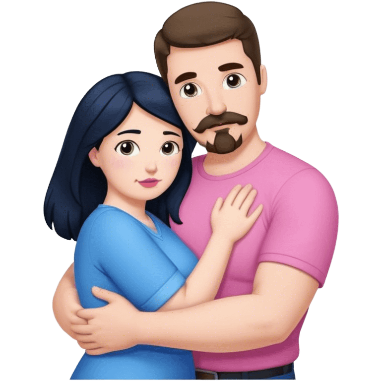 Tall strong white man with brown mustache goatee wearing blue hugging a chubby short pale woman with long black hair wearing pink emoji