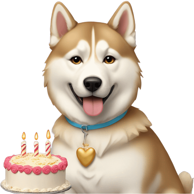 Golden beige husky with a hat and birthday cake emoji