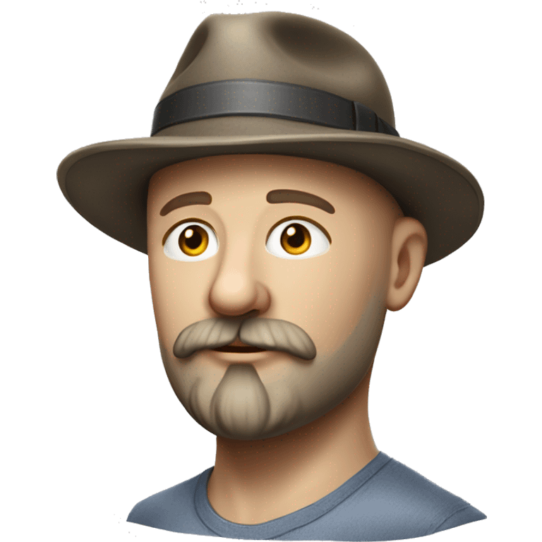 Photorealism A plump bald man of Slavic appearance with a goatee beard and mustache, wearing a fedora hat, big details emoji