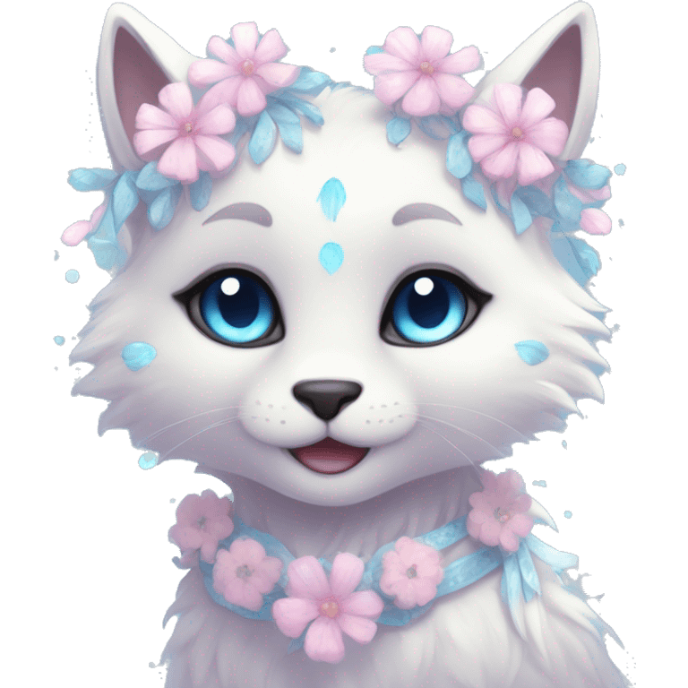 Anthro Cute Cool Pastel Kawaii gorgeous sparkly ethereal fantasy animal creature with blue eyes furry sona with flowers and ribbons beautiful aesthetic emoji