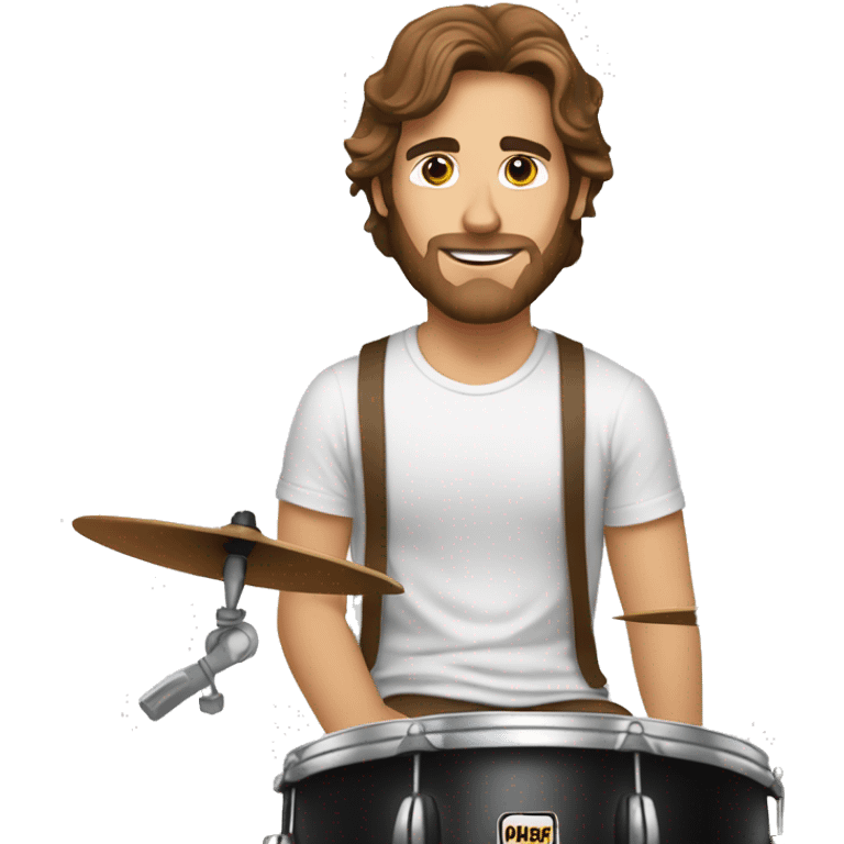 a longer brown haired man with a light beard sitting behind a drumset in a white t shirt and brown pants emoji