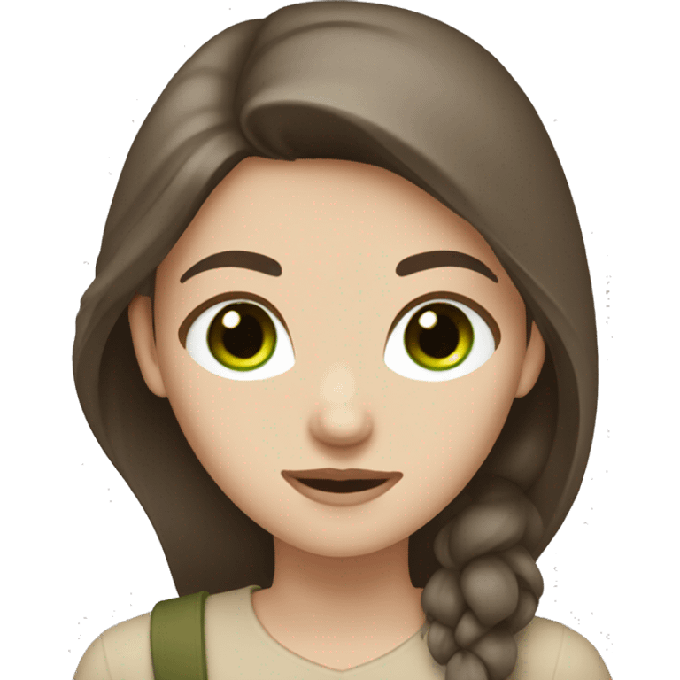 white girl with long dark brown hair and green eyes in beige clothes emoji